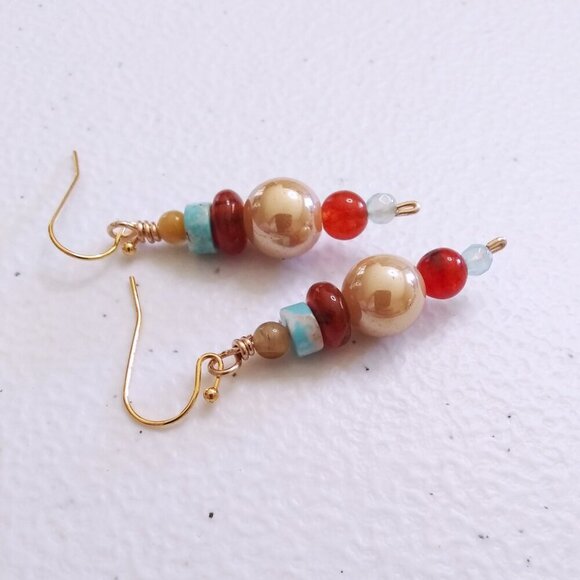 Colorful & Vibrant! Gemstone Beaded Cepter Earrings! Fall Colors! Mixed Media - Picture 3 of 9